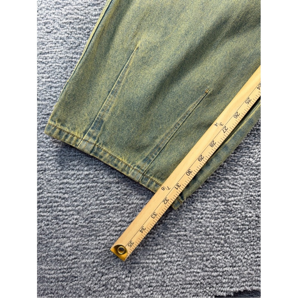 Fashion Nova Treat You Well Vintage Wash Denim Jumpsuit Green Yellow Medium NEW - Picture 9 of 10
